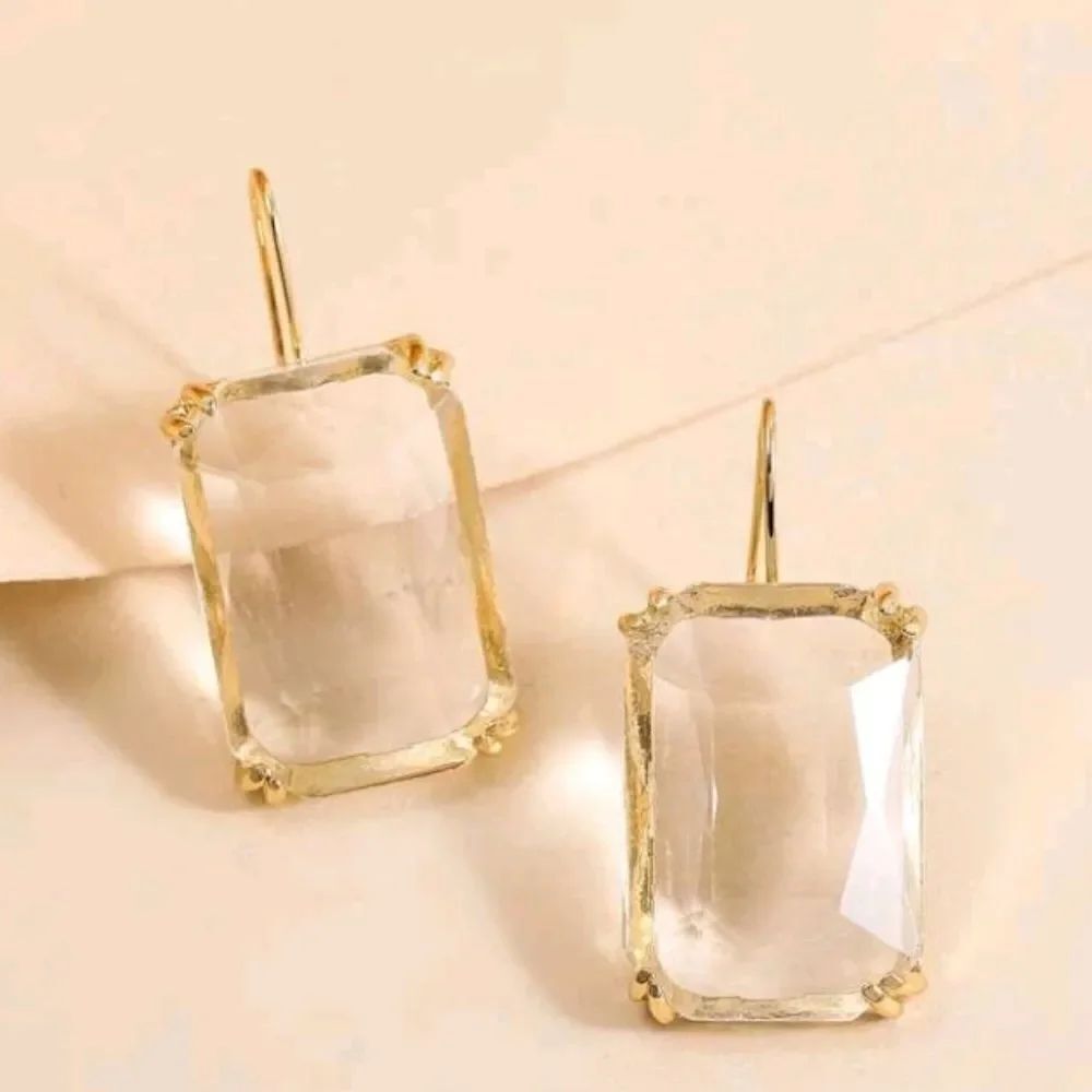 Clear Transparent Square Crystal Gold Earrings